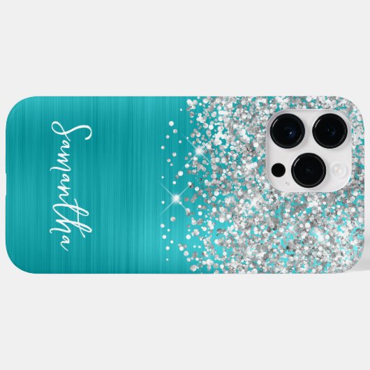 Funkelnd Silberner Glitzer Türkis Blauer Name Case-Mate iPhone Hülle (Rückseite (Horizontal))