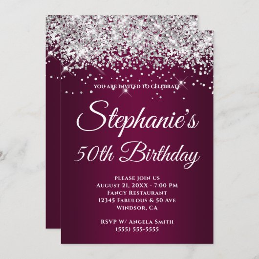 Funkelnd Silberner Glitzer Weingradient Einladung (Vorne/Hinten)