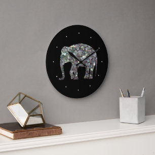 Funkelnd silberner Mosaik-Glitzer Elephant Große Wanduhr