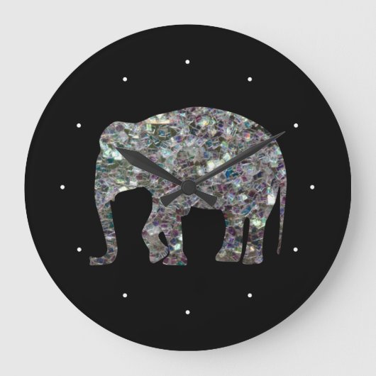 Funkelnd silberner Mosaik-Glitzer Elephant Große Wanduhr (Vorderseite)