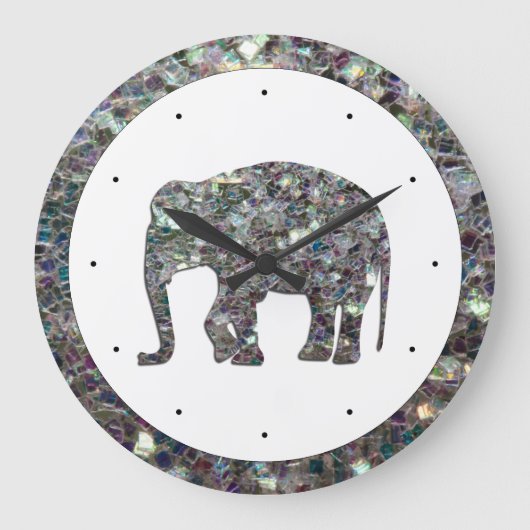 Funkelnd silberner Mosaik-Glitzer Elephant Große Wanduhr (Vorderseite)