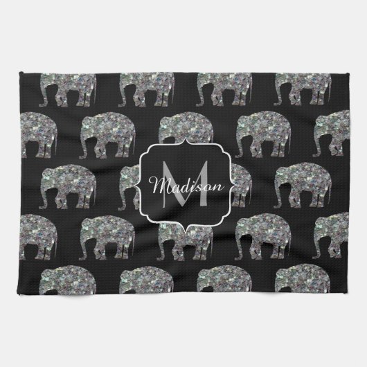 Funkelnd silberner Mosaik-Glitzer Elephant Monogra Handtuch (Horizontal)