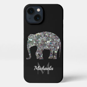 Funkelnd silberner Mosaik-Glitzer Elephant Monogra iPhone 13 Hülle