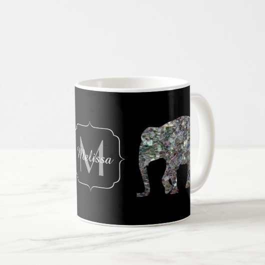 Funkelnd silberner Mosaik-Glitzer Elephant Monogra Kaffeetasse (VorderseiteRechts)