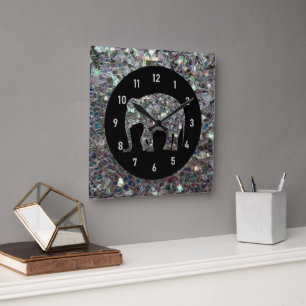 Funkelnd silberner Mosaik-Glitzer Elephant Quadratische Wanduhr
