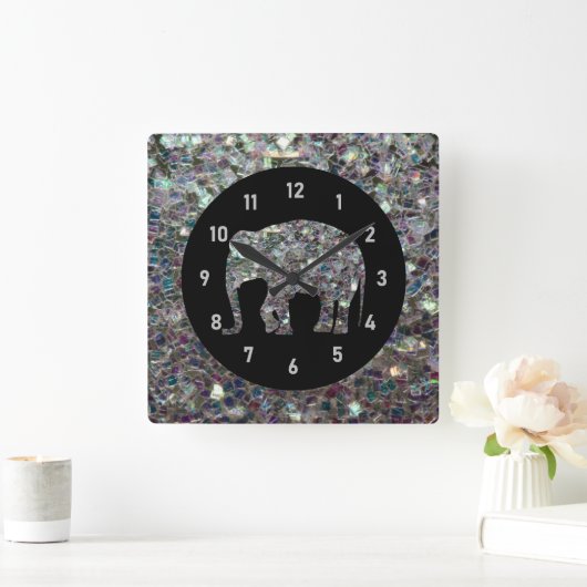Funkelnd silberner Mosaik-Glitzer Elephant Quadratische Wanduhr (Zuhause)