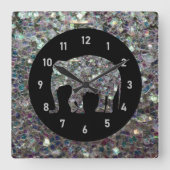 Funkelnd silberner Mosaik-Glitzer Elephant Quadratische Wanduhr (Vorderseite)
