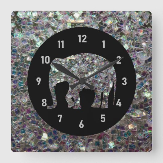 Funkelnd silberner Mosaik-Glitzer Elephant Quadratische Wanduhr (Vorderseite)