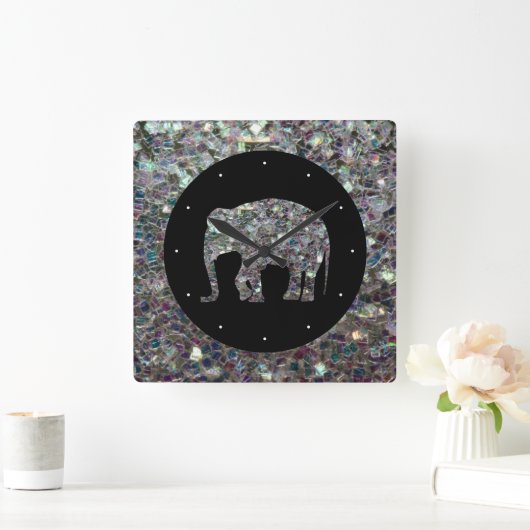 Funkelnd silberner Mosaik-Glitzer Elephant Quadratische Wanduhr (Zuhause)