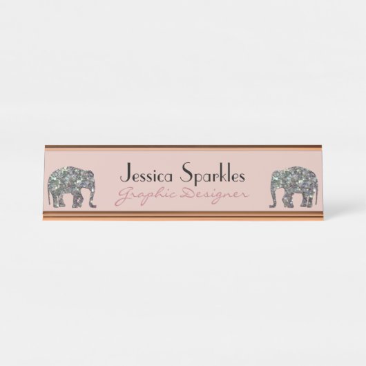 Funkelnd silberner Mosaik Glitzer Elephant Rose pi Schreibtischnamensplakette (Vorderseite )