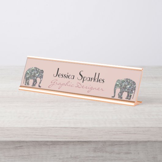 Funkelnd silberner Mosaik Glitzer Elephant Rose pi Schreibtischnamensplakette (Vorderseite )