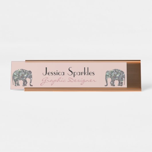 Funkelnd silberner Mosaik Glitzer Elephant Rose pi Schreibtischnamensplakette (Vorderseite )