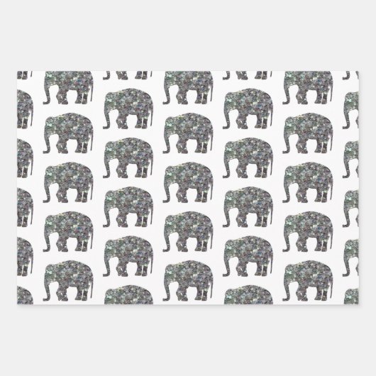 Funkelnd silbernes Mosaikmuster auf weißem Elefant Geschenkpapier Set (Vorderseite)