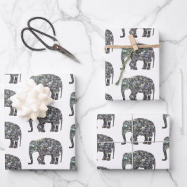 Funkelnd silbernes Mosaikmuster auf weißem Elefant Geschenkpapier Set
