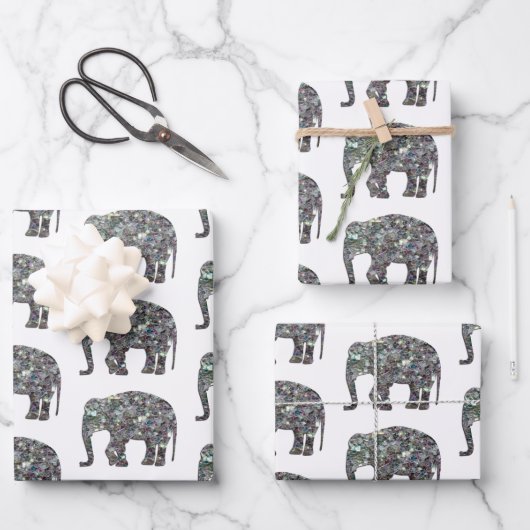 Funkelnd silbernes Mosaikmuster auf weißem Elefant Geschenkpapier Set (Vorderseite)