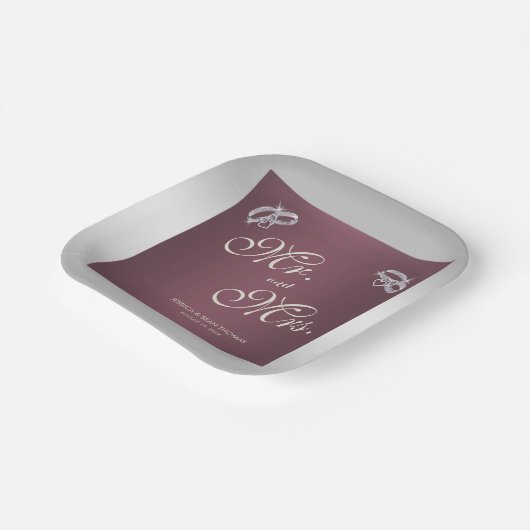 Funkelnd Silberringe und Burgandy-Hochzeit Pappteller (Gewinkelt)