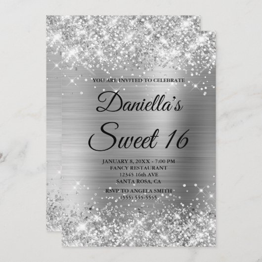 Funkelnd Silbersüß und Glitzer 16 Einladung (Vorne/Hinten)