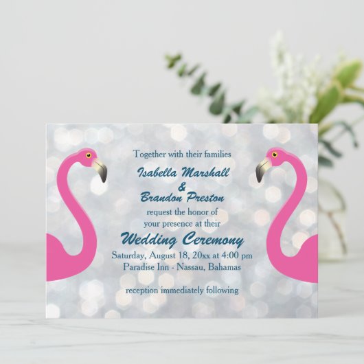 Funkelnd Silver Flamingo Wedding Einladung (Stehend Vorderseite)