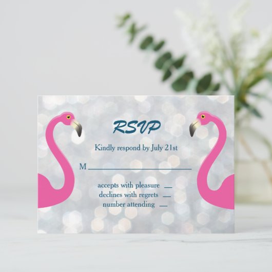 Funkelnd Silver Flamingo Wedding RSVP (Stehend Vorderseite)