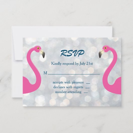 Funkelnd Silver Flamingo Wedding RSVP Karte (Vorderseite)