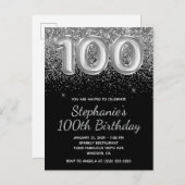 Funkelnd Silver Glitzer Black 100. Geburtstag Einladungspostkarte (Vorne/Hinten)