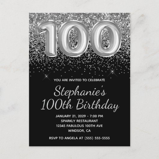 Funkelnd Silver Glitzer Black 100. Geburtstag Einladungspostkarte (Vorderseite)