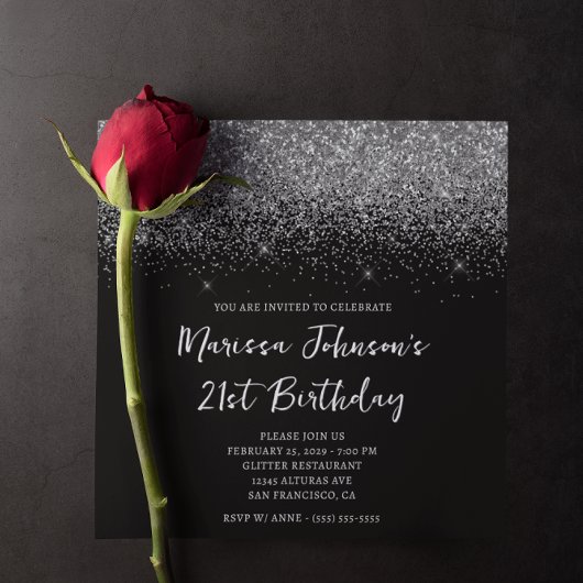 Funkelnd Silver Glitzer Black 21. Geburtstag Einladung