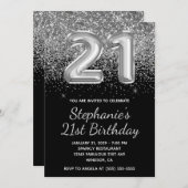 Funkelnd Silver Glitzer Black Ballon 21. Geburtsta Einladung (Vorne/Hinten)
