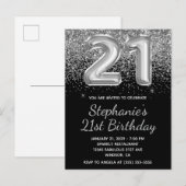 Funkelnd Silver Glitzer Black Ballon 21. Geburtsta Einladungspostkarte (Vorne/Hinten)