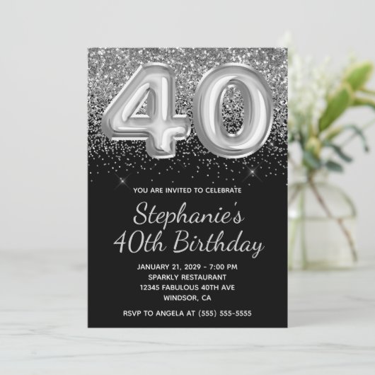 Funkelnd Silver Glitzer Black Ballon 40. Geburtsta Einladung (Stehend Vorderseite)