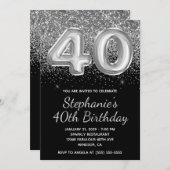 Funkelnd Silver Glitzer Black Ballon 40. Geburtsta Einladung (Vorne/Hinten)