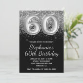 Funkelnd Silver Glitzer Black Ballon 60. Geburtsta Einladung (Stehend Vorderseite)