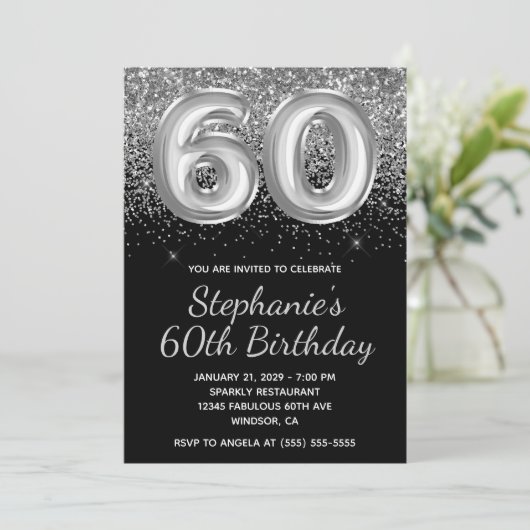 Funkelnd Silver Glitzer Black Ballon 60. Geburtsta Einladung (Stehend Vorderseite)