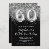 Funkelnd Silver Glitzer Black Ballon 60. Geburtsta Einladung (Vorne/Hinten)