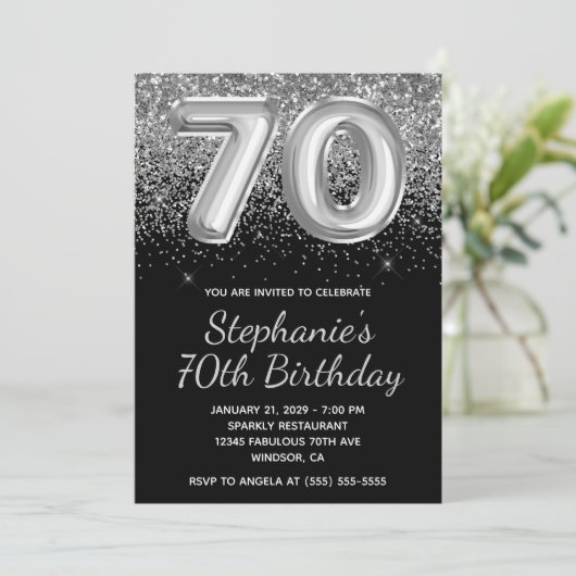Funkelnd Silver Glitzer Black Ballon 70. Geburtsta Einladung (Stehend Vorderseite)