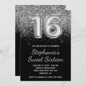Funkelnd Silver Glitzer Black Balloon 16 . Geburts Einladung (Vorne/Hinten)