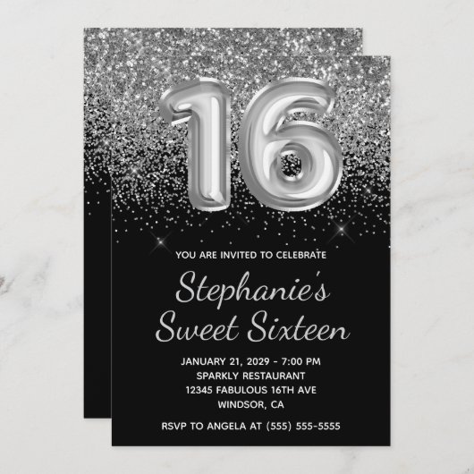 Funkelnd Silver Glitzer Black Balloon 16 . Geburts Einladung (Vorne/Hinten)