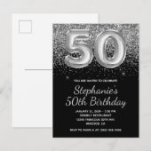 Funkelnd Silver Glitzer Black Balloon 50. Geburtst Einladungspostkarte (Vorne/Hinten)