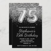 Funkelnd Silver Glitzer Black Balloon 75. Geburtst Einladung (Vorne/Hinten)