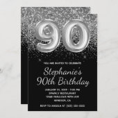Funkelnd Silver Glitzer Black Balloon 90. Geburtst Einladung (Vorne/Hinten)