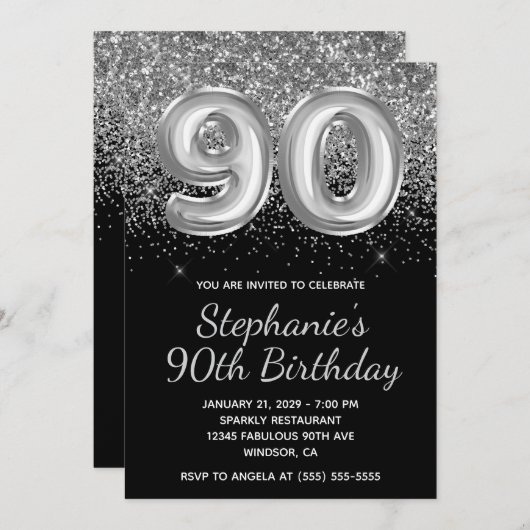 Funkelnd Silver Glitzer Black Balloon 90. Geburtst Einladung (Vorne/Hinten)