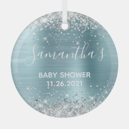 Funkelnd Silver Glitzer Blue Foil Babydusche Ornament Aus Glas