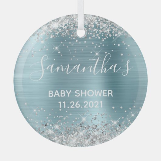 Funkelnd Silver Glitzer Blue Foil Babydusche Ornament Aus Glas (Vorderseite)