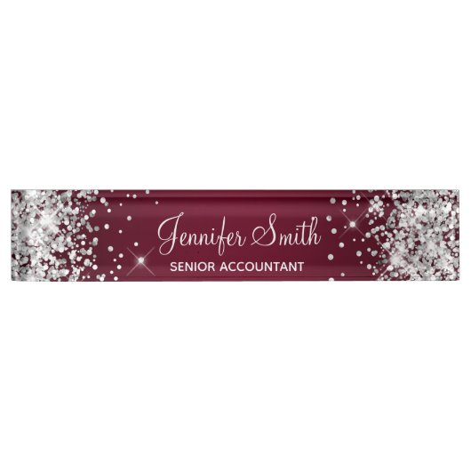 Funkelnd Silver Glitzer Burgundy Gradient Namensplakette (Vorderseite)