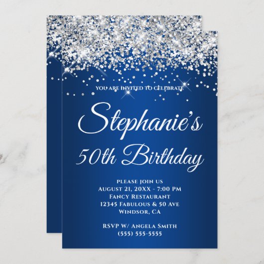 Funkelnd Silver Glitzer Deep Blue Gradient Einladung (Vorne/Hinten)