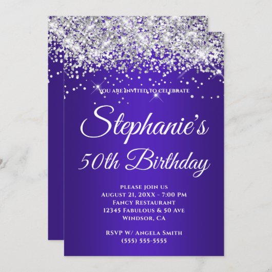 Funkelnd Silver Glitzer Indigofo Lila Gradient Einladung (Vorne/Hinten)