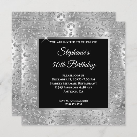 Funkelnd Silver Glitzer Leopard Print Birthday Einladung (Vorne/Hinten)