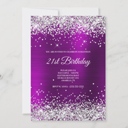 Funkelnd Silver Glitzer Magenta Lila Satinfilm Einladung (Vorderseite)