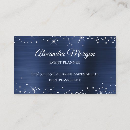 Funkelnd Silver Glitzer Navy Blue Satin Foil Visitenkarte (Rückseite)