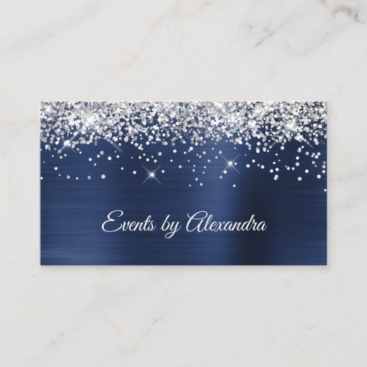 Funkelnd Silver Glitzer Navy Blue Satin Foil Visitenkarte (Vorderseite)